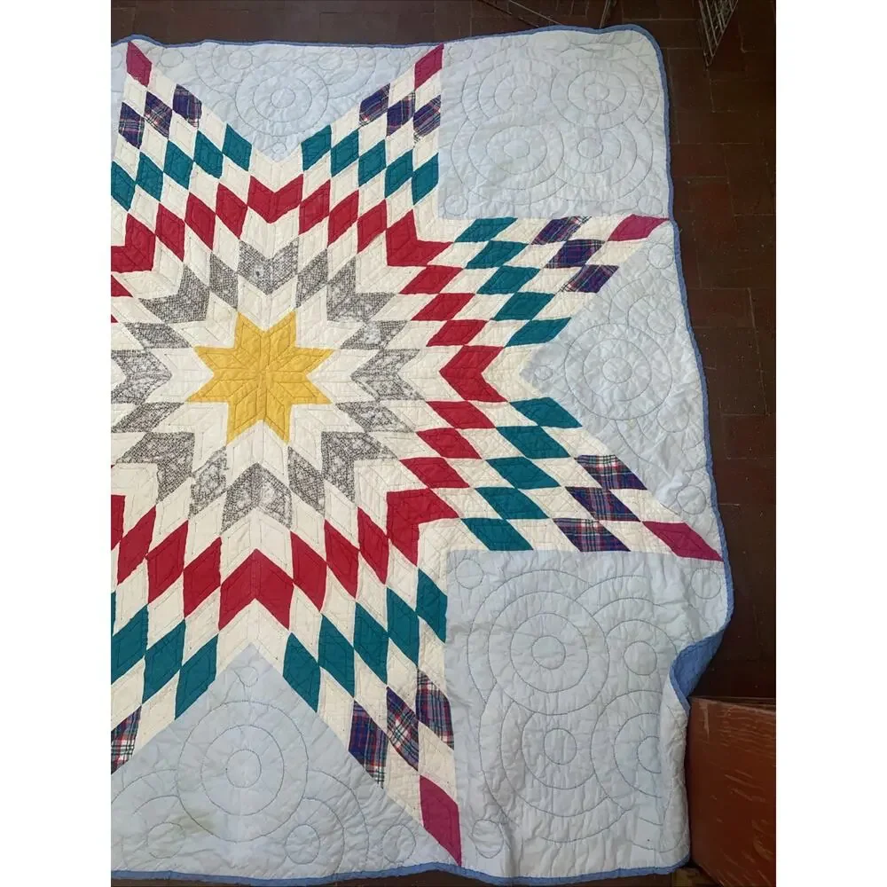 Vintage Hand Sewn Quilt LONE STAR 74”x 72” Square Flaws See Pics & Read On